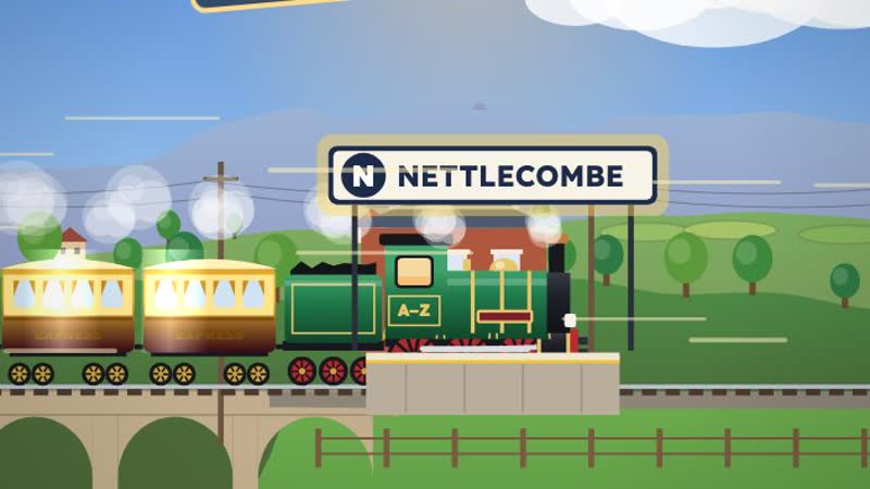 A green steam locomotive with golden carriages on a viaduct beside a station sign