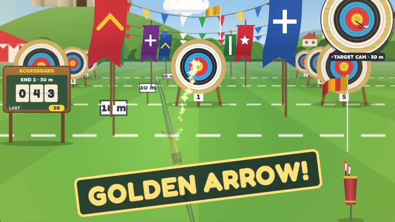 A golden arrow flying towards a target on a village green with banners, bunting and a castle