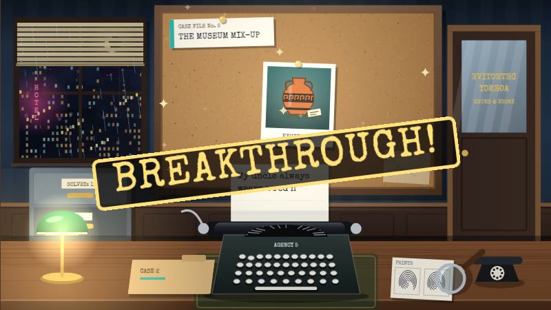 A detective's office at night with a typewriter, an evidence board and a BREAKTHROUGH! stamp