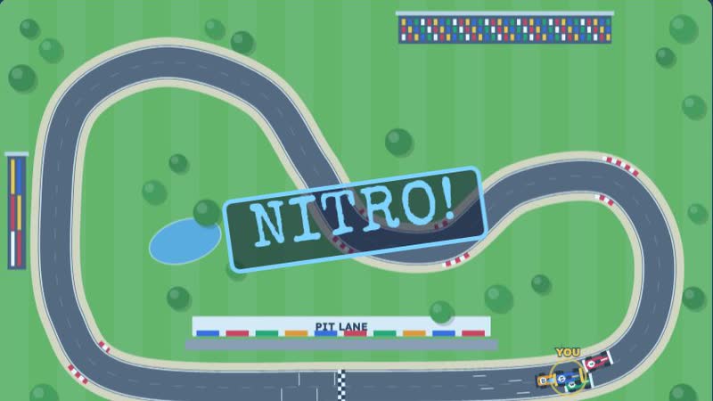 A top-down race track with cars on the start straight and a NITRO! stamp