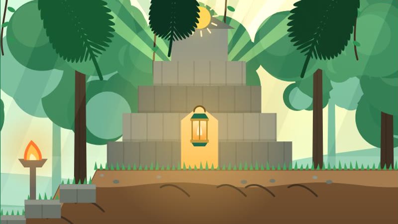 A stone temple with a glowing lantern in a sunlit rainforest clearing