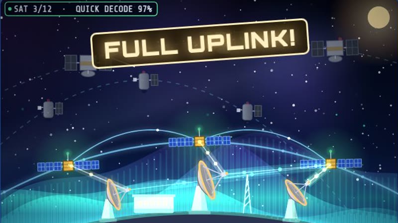 Ground-station dishes beaming up to satellites over the Earth at night with a FULL UPLINK! stamp