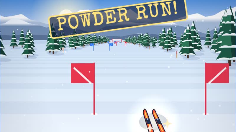 Skis racing towards red slalom gates on a snowy slope with a POWDER RUN! stamp