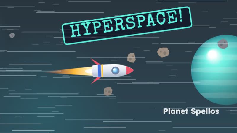 A rocket streaking through space towards a teal planet, with a HYPERSPACE! stamp
