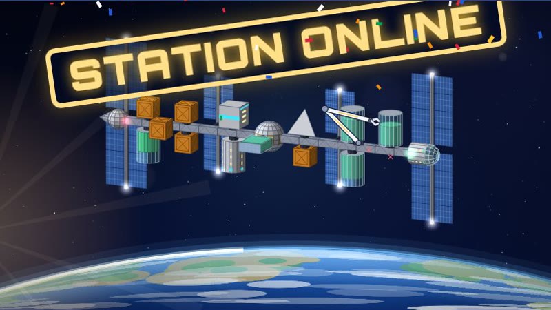 A finished space station with modules, cargo crates, fuel tanks and solar wings above the Earth with a STATION ONLINE stamp