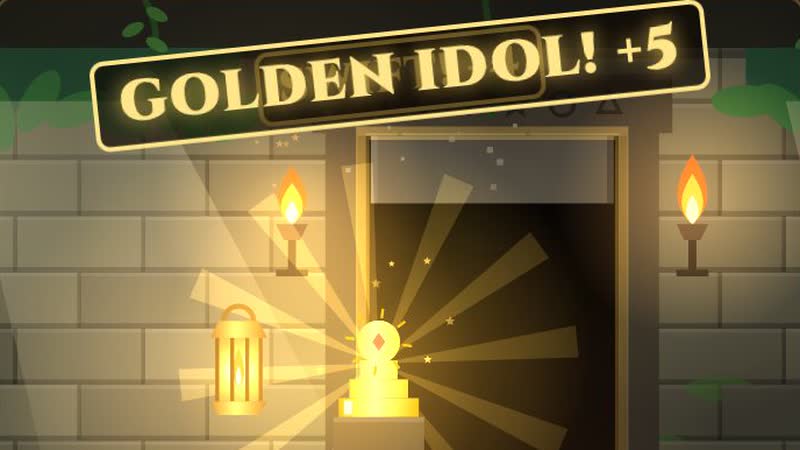 A torch-lit temple doorway opening on a glowing golden idol, with a GOLDEN IDOL +5 stamp