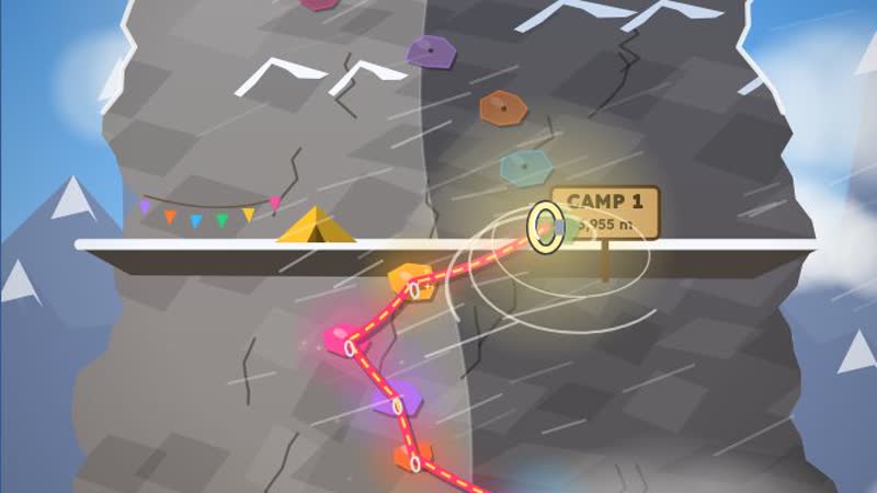 A glowing climbing rope zig-zagging up a mountain face to Camp 1