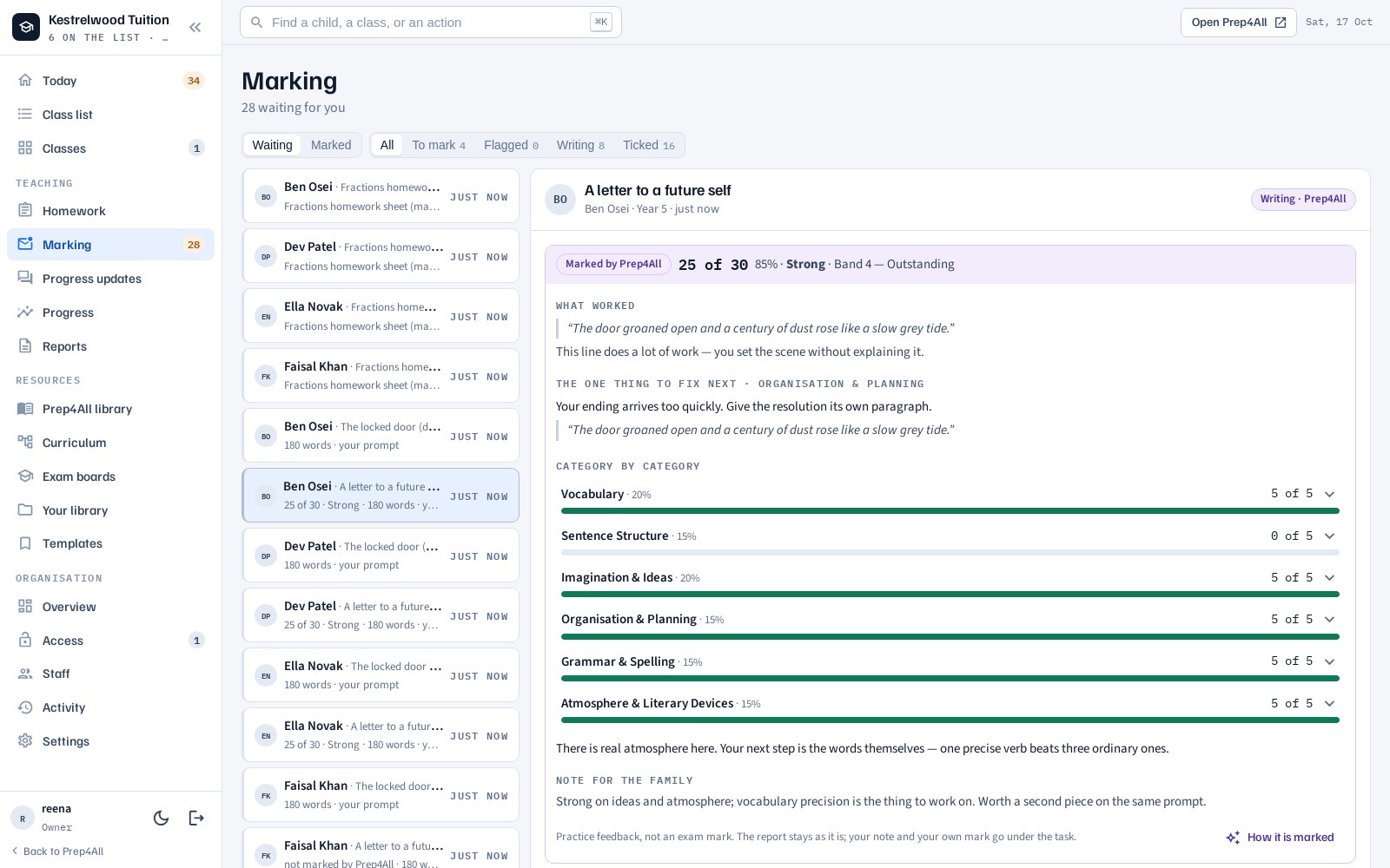 The Prep4All for Educators marking inbox: one queue for everything needing a human decision.