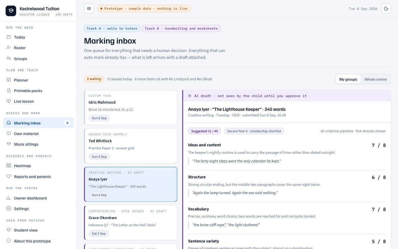 Design preview of the Prep4All for Educators marking inbox: one queue for everything needing a human decision.