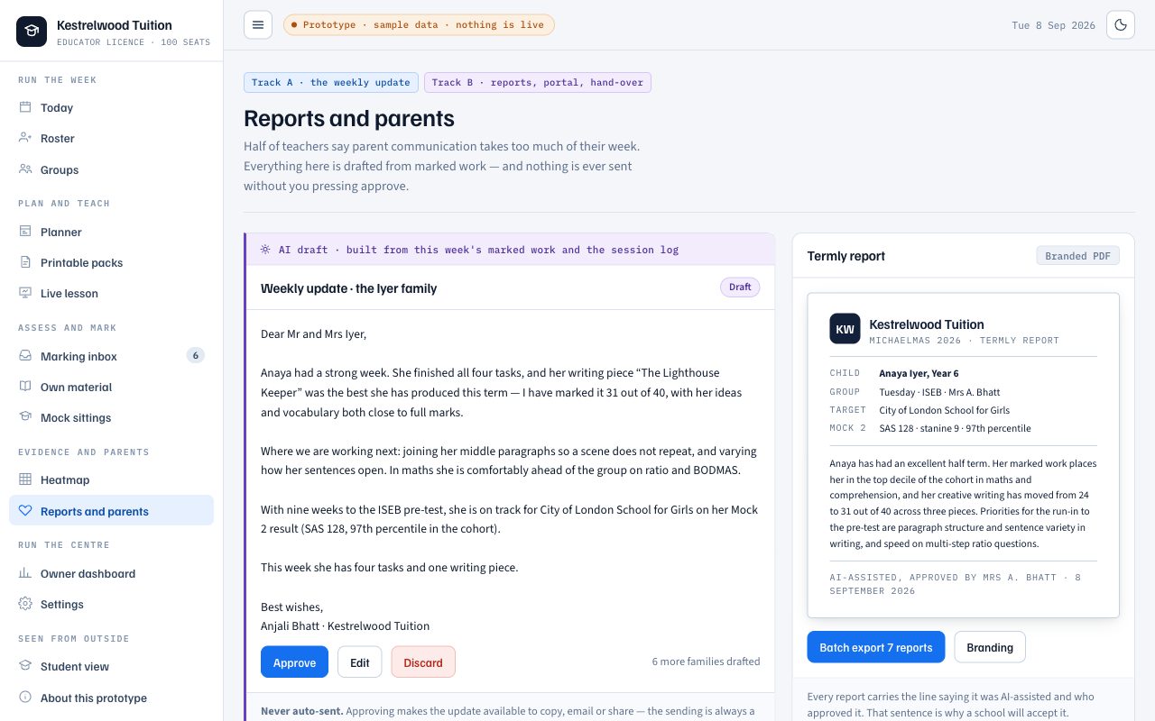 Design preview of the Prep4All for Educators parent reporting: weekly updates drafted from marked work.