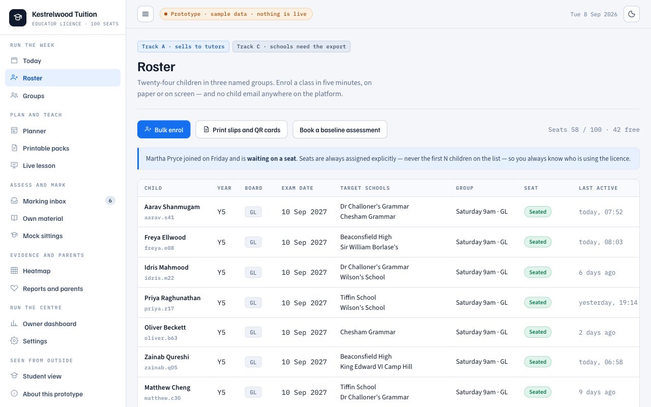Design preview of the Prep4All for Educators roster: seats, groups and printable login slips.