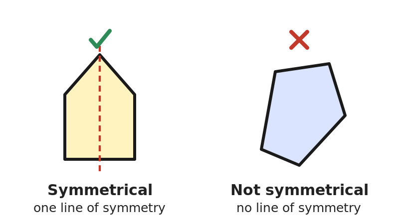 A symmetrical shape with a mirror line beside a shape that has no line of symmetry